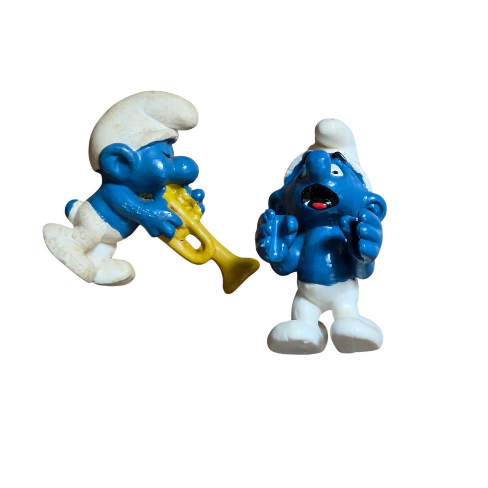 Lot of 2 Vintage 1980 Schleich Smurfs PVC Figurines Trumpeter & Prisoner Smurf
